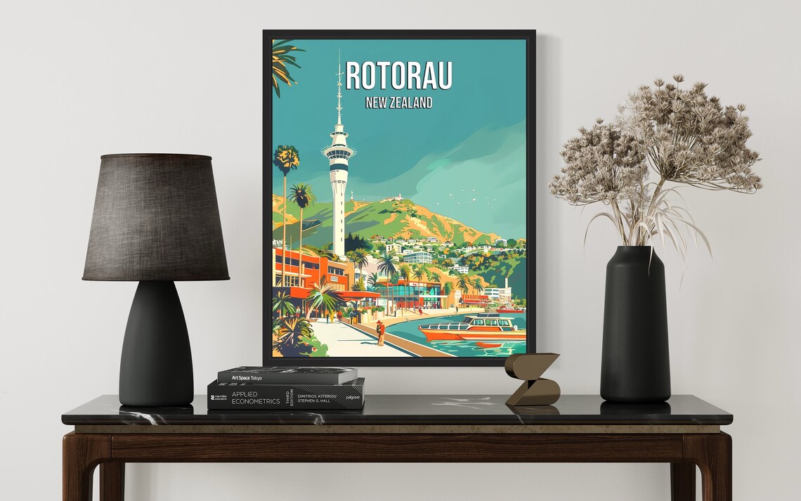 Rotorau New Zealand Waterfront Poster With Tower Over The Marina Bay - Image 2