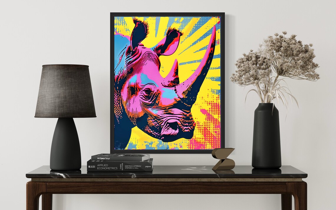 Rhino Neon Pop Art Portrait Against Yellow Sunburst Rays Poster - Image 2
