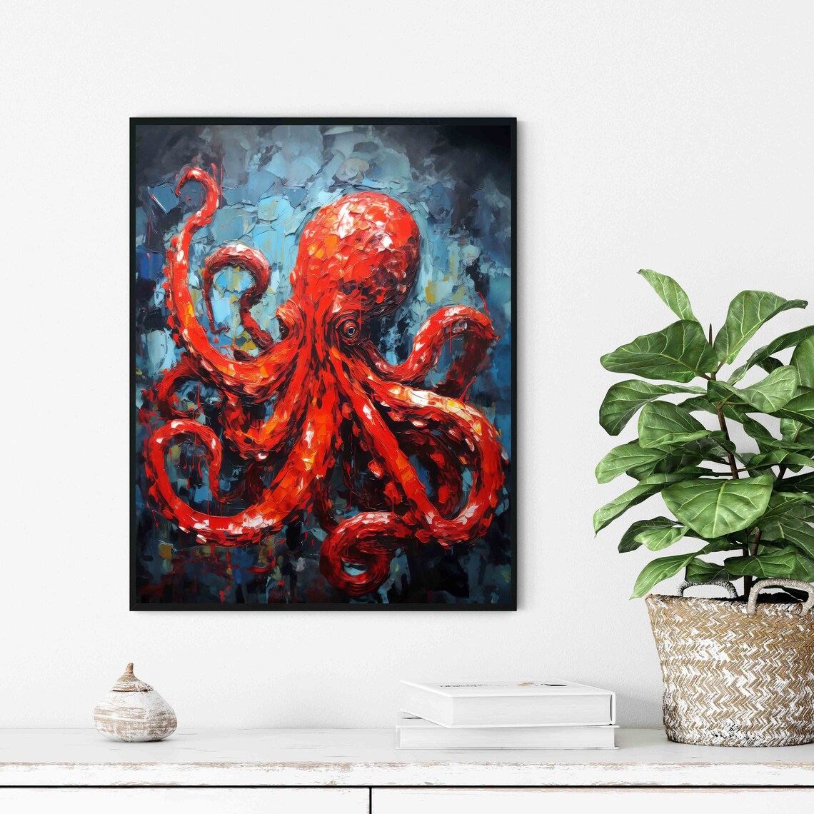 Red Octopus Abstract Sea Creature Bold Oil Painting Wall Art - Image 2