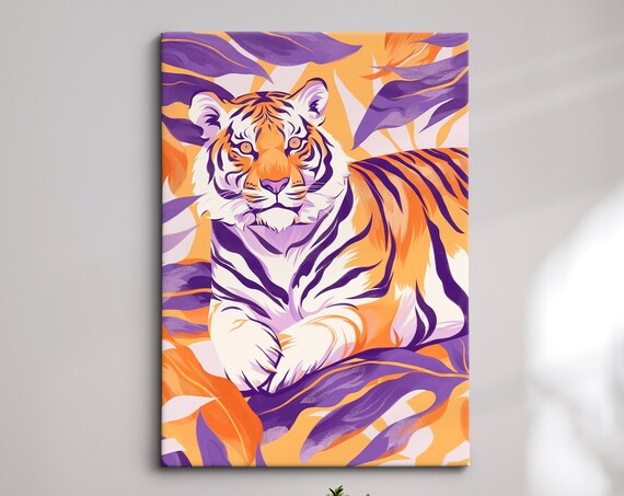 Tiger Lying Among Purple Orange Leaves Tropical Wildlife Wall Art