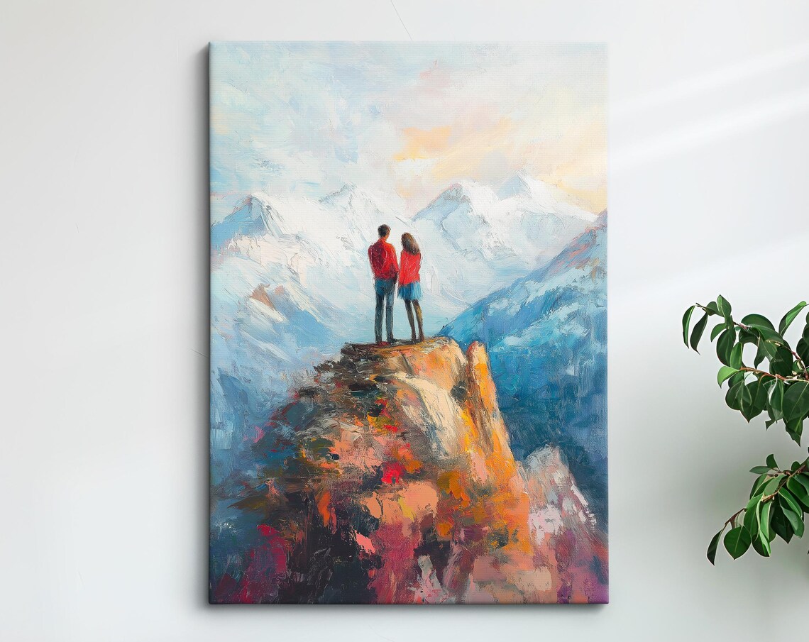 Romantic Couple On Cliff Edge Snowy Mountain Peak Love Art Poster