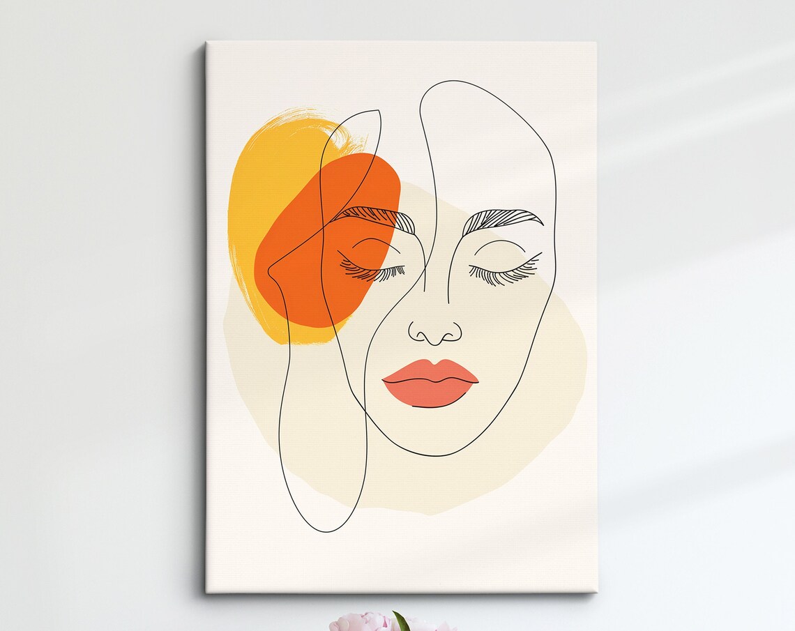 Abstract Woman Face Line Art Modern Minimalist Warm Tone Wall Art