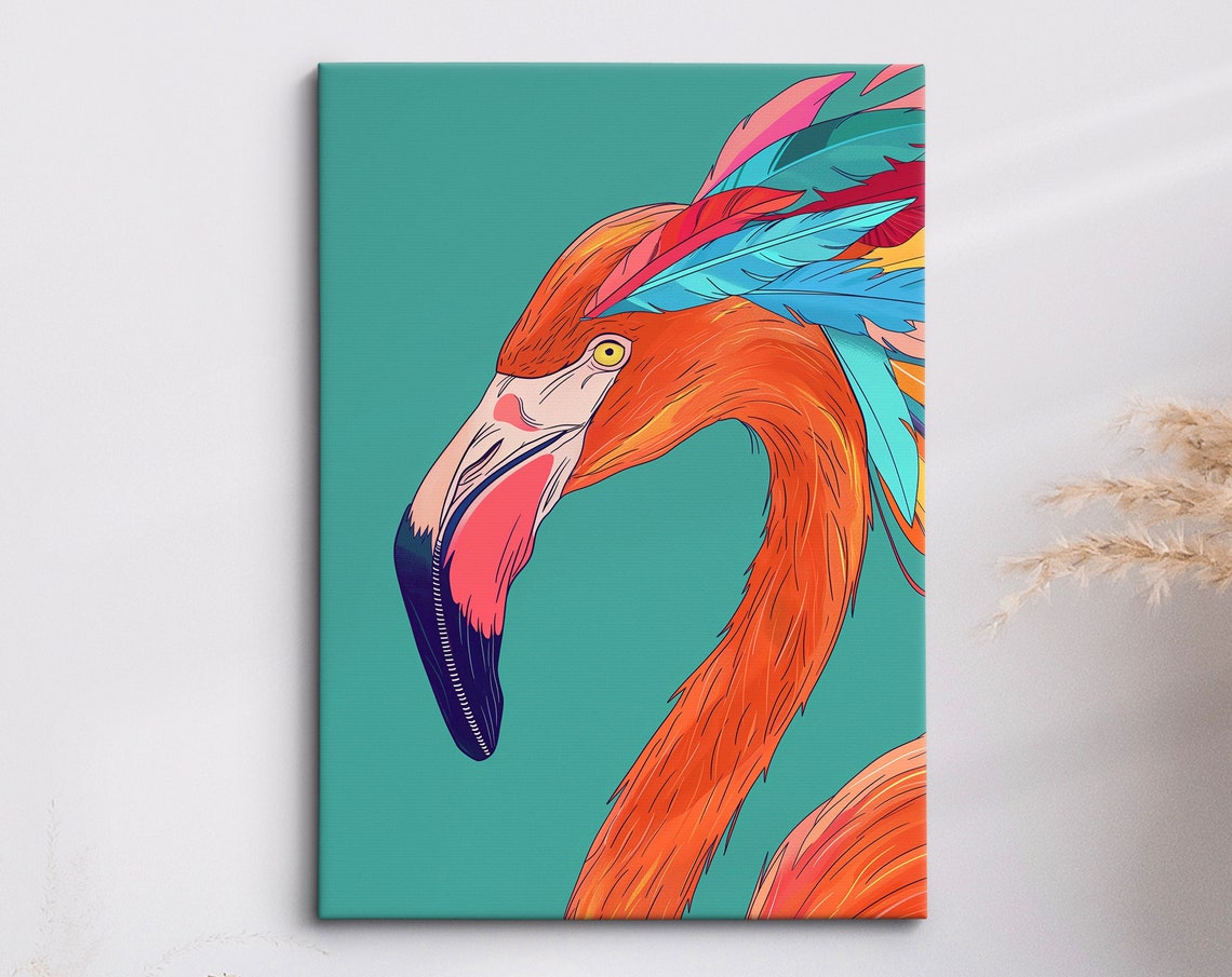 Flamingo Head Profile With Feather Crest Teal Background Art Poster
