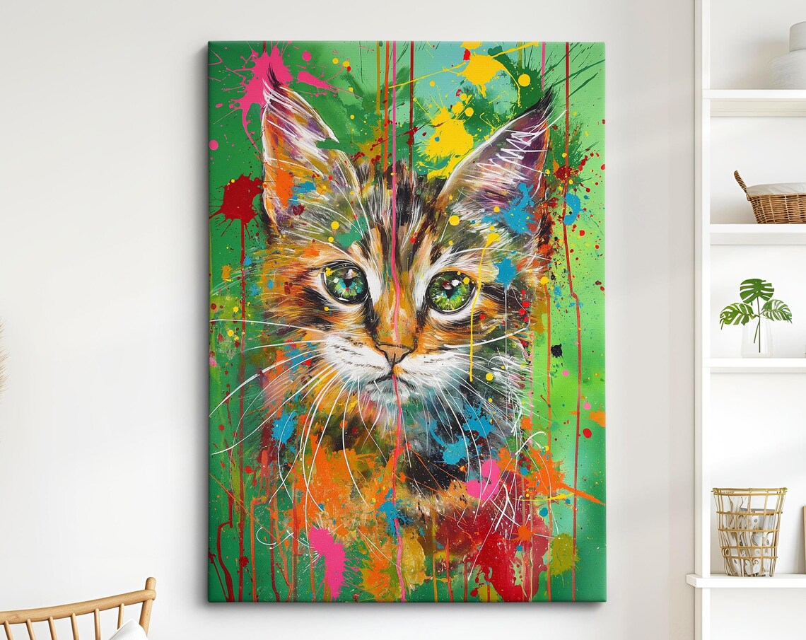 Colorful Tabby Kitten Face Pop Art Painting Green Splatter Pet Wall Art Poster