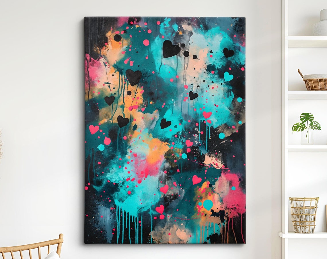Colorful Dripping Hearts Abstract Paint Splatter Modern Wall Art Print