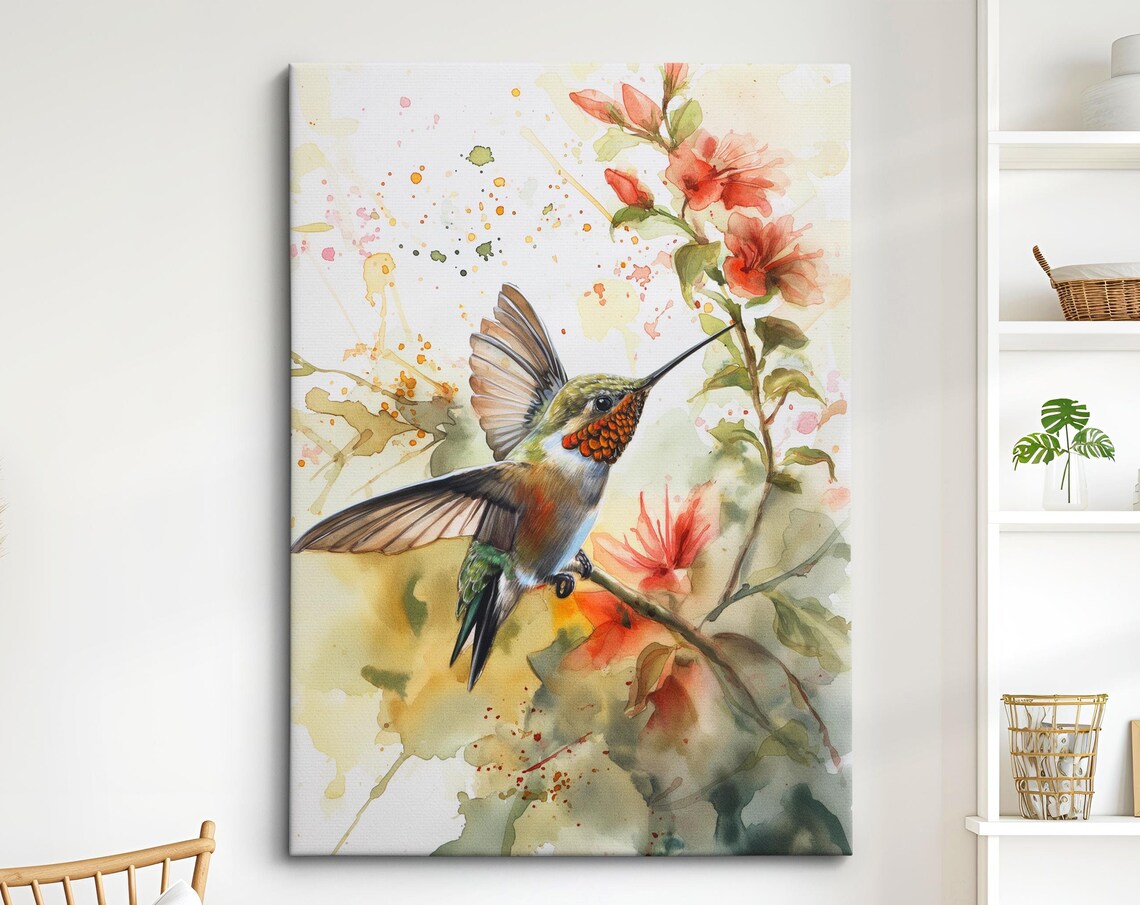 Hummingbird Feeding Orange Blossoms Watercolor Floral Wall Art Poster