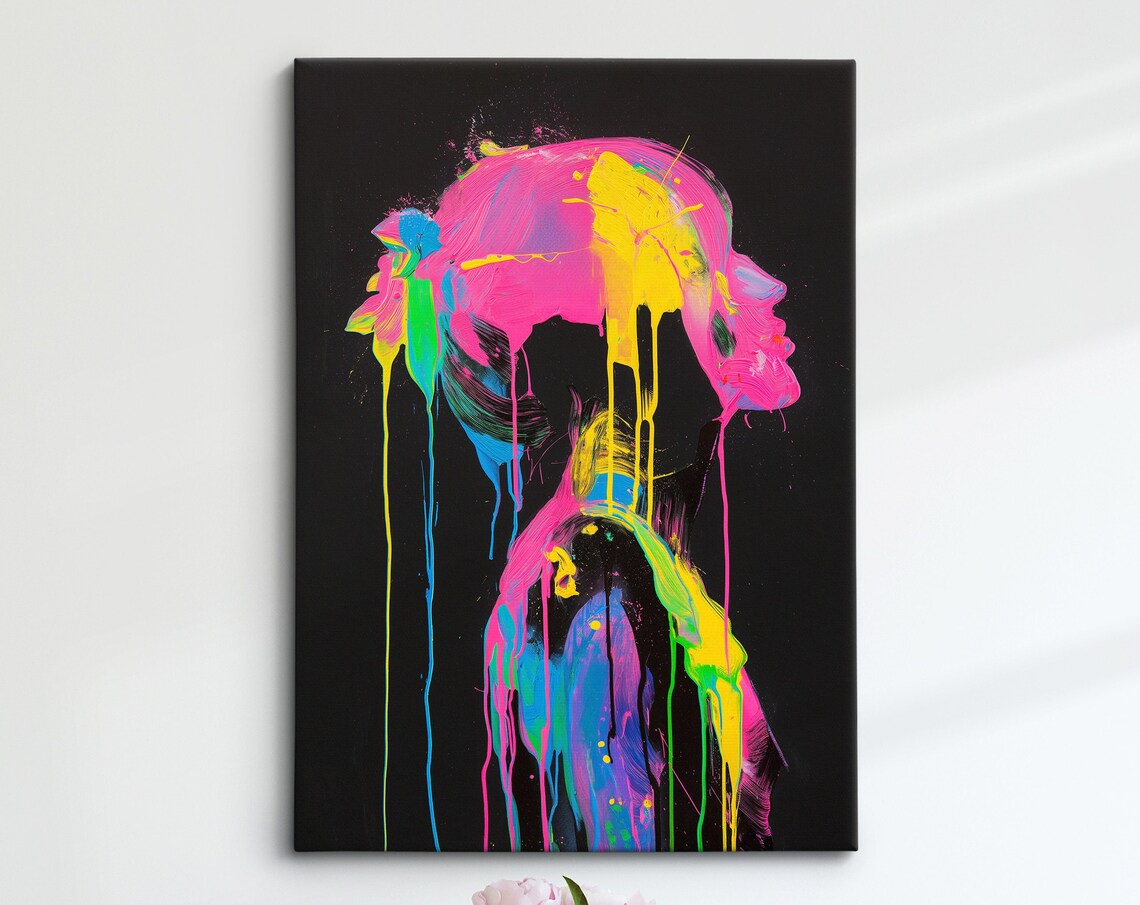 Neon Paint Splash Woman Profile Face Dripping Colors Dark Art Poster