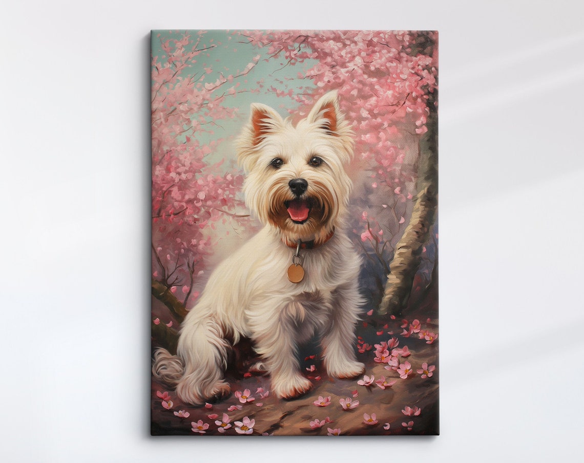 White Westie Puppy With Gold Tag In Pink Blossom Trees Art Poster
