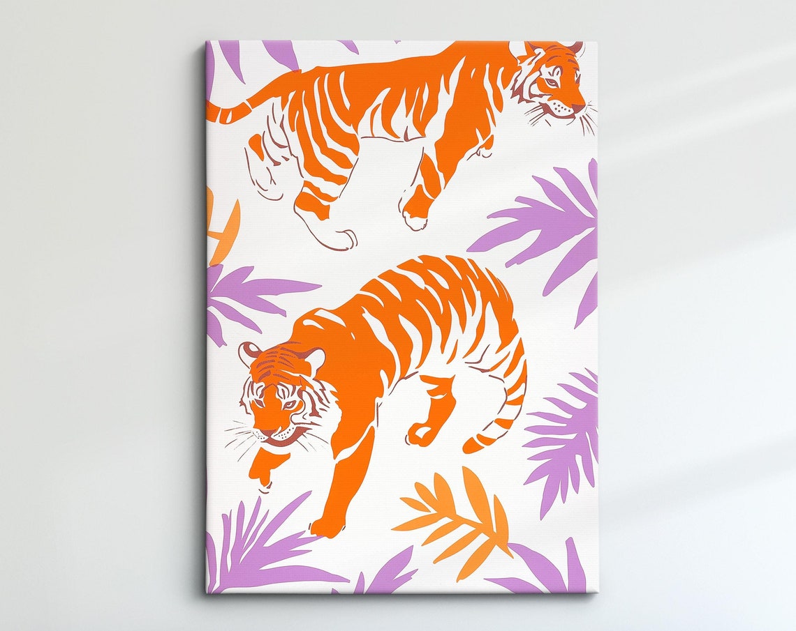 Bold Tiger Art Jungle Safari Wall Decor Vibrant Animal Print Modern Wildlife Home Decoration Orange And Purple Tropical Art