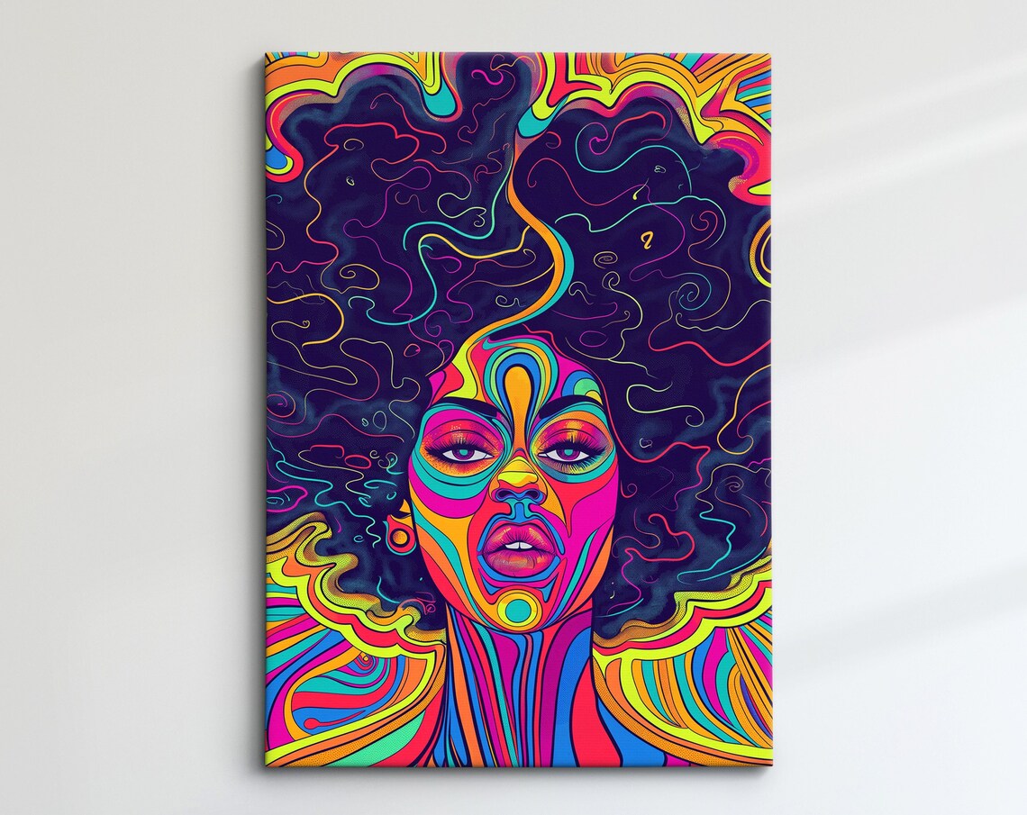 Psychedelic Afro Woman Portrait In Rainbow Colors On Black Art Poster