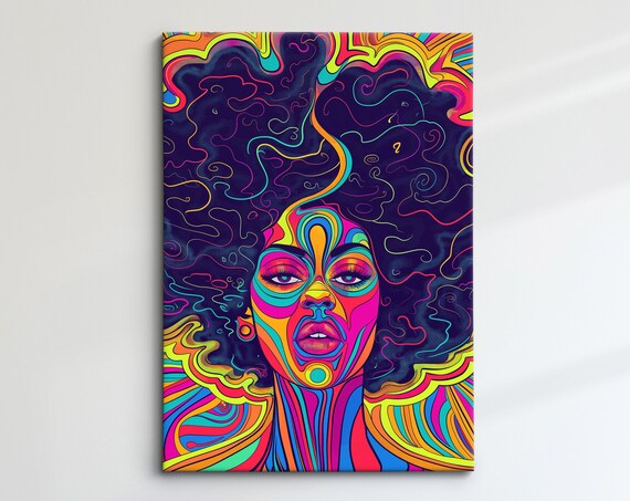 Psychedelic Afro Woman Portrait In Rainbow Colors On Black Art Poster