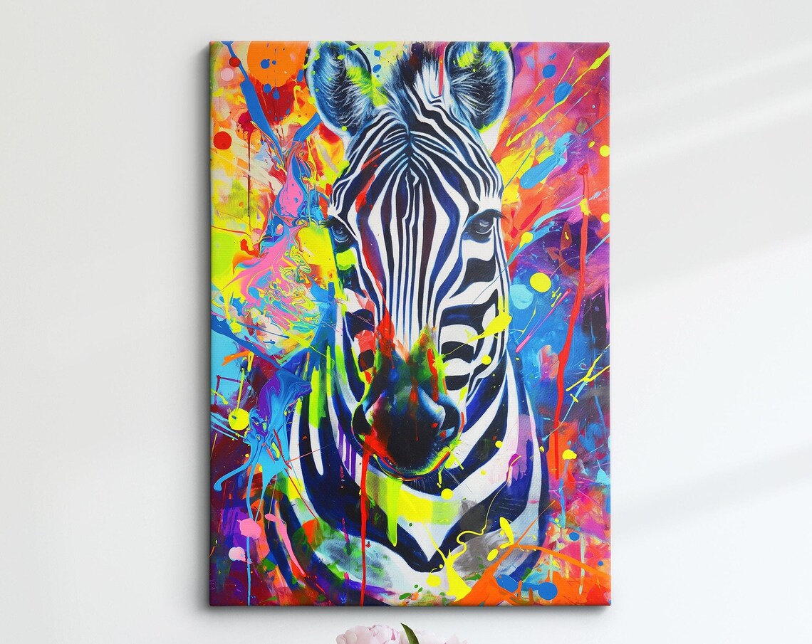 Colorful Zebra Head Portrait Pop Art Painting Neon Splatter Wall Decor Poster
