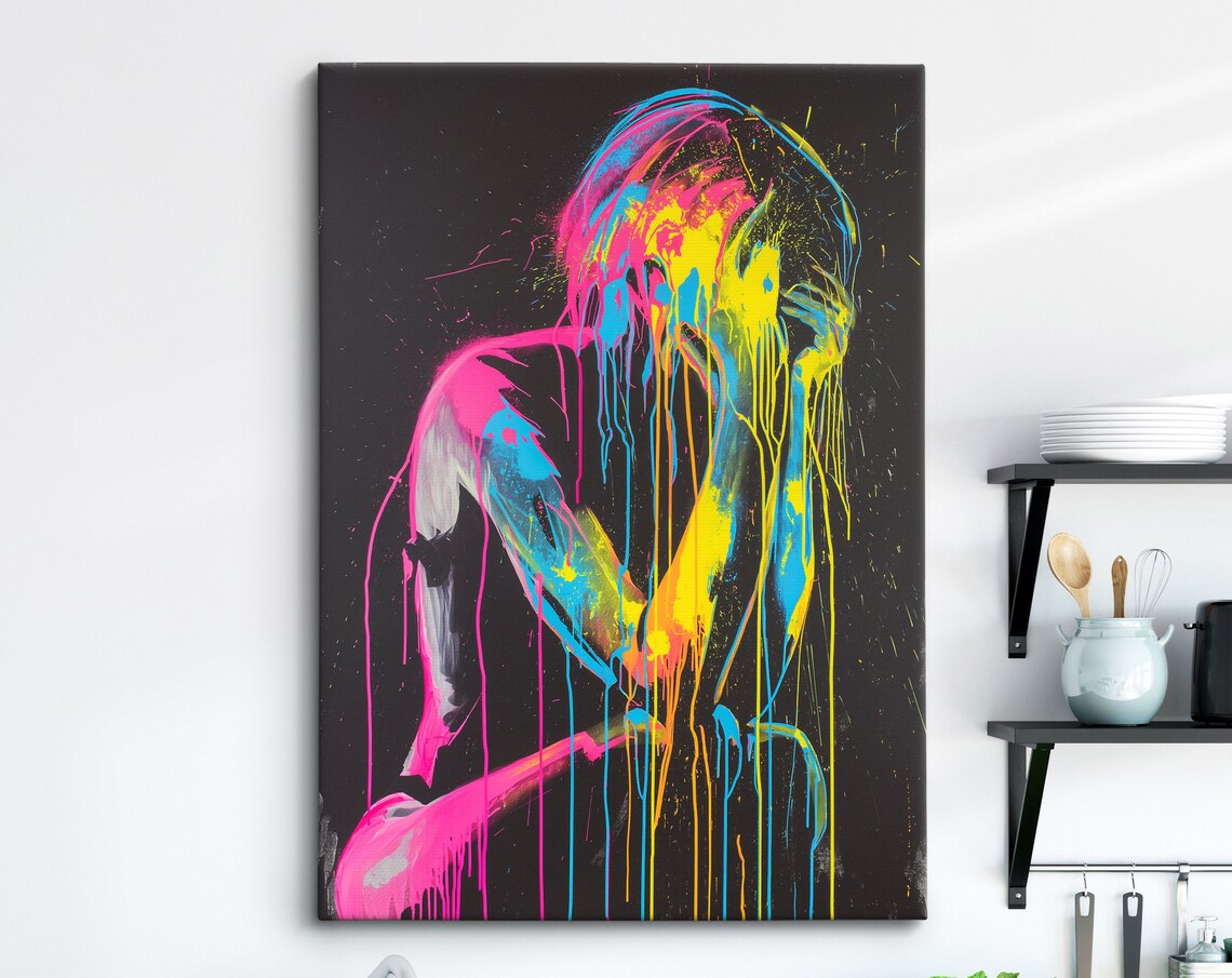 Seated Woman Silhouette In Neon Paint Drips Dark Abstract Art Poster