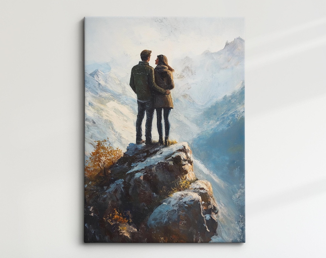 Couple Embracing On Snowy Mountain Summit Winter Romance Art Print