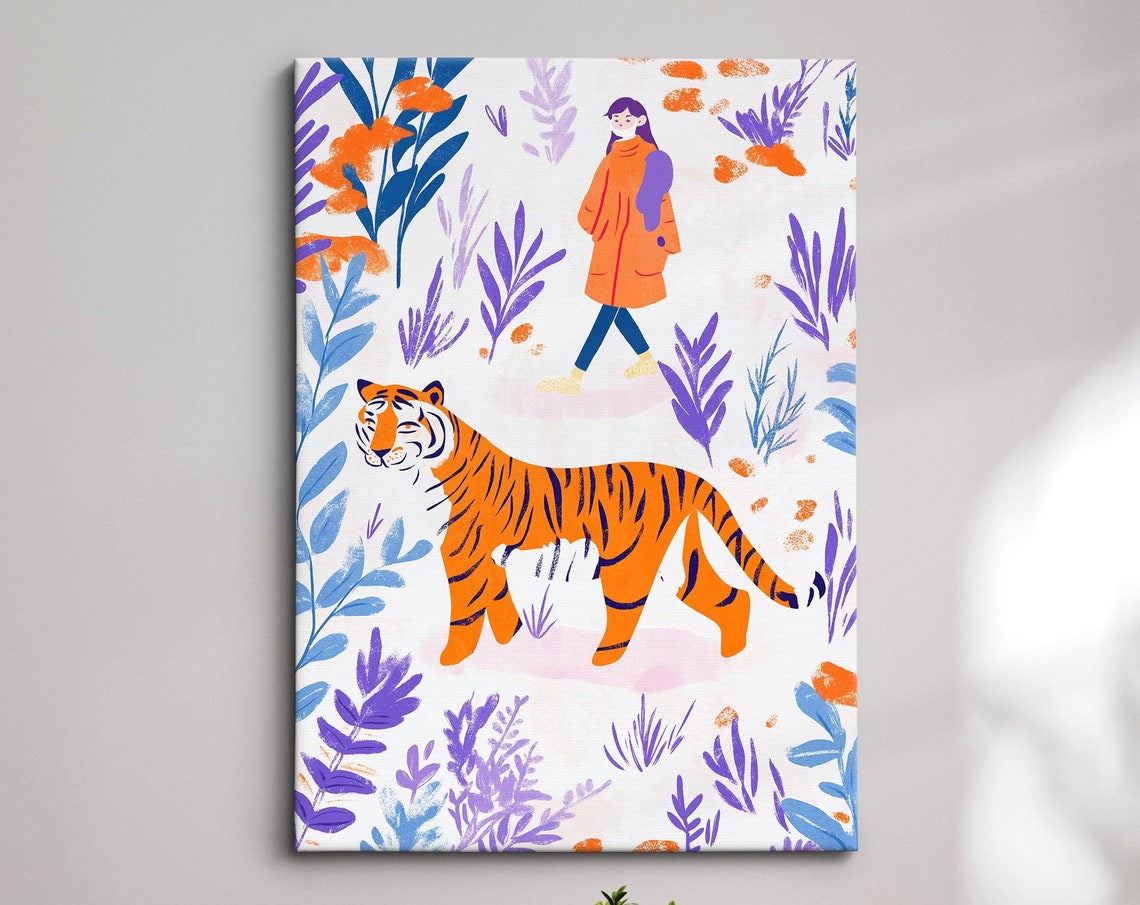 Bold Tiger Art Jungle Safari Wall Decor Vibrant Animal Print Modern Wildlife Home Decoration Orange And Purple Tropical Art