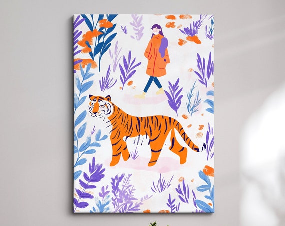 Bold Tiger Art Jungle Safari Wall Decor Vibrant Animal Print Modern Wildlife Home Decoration Orange And Purple Tropical Art