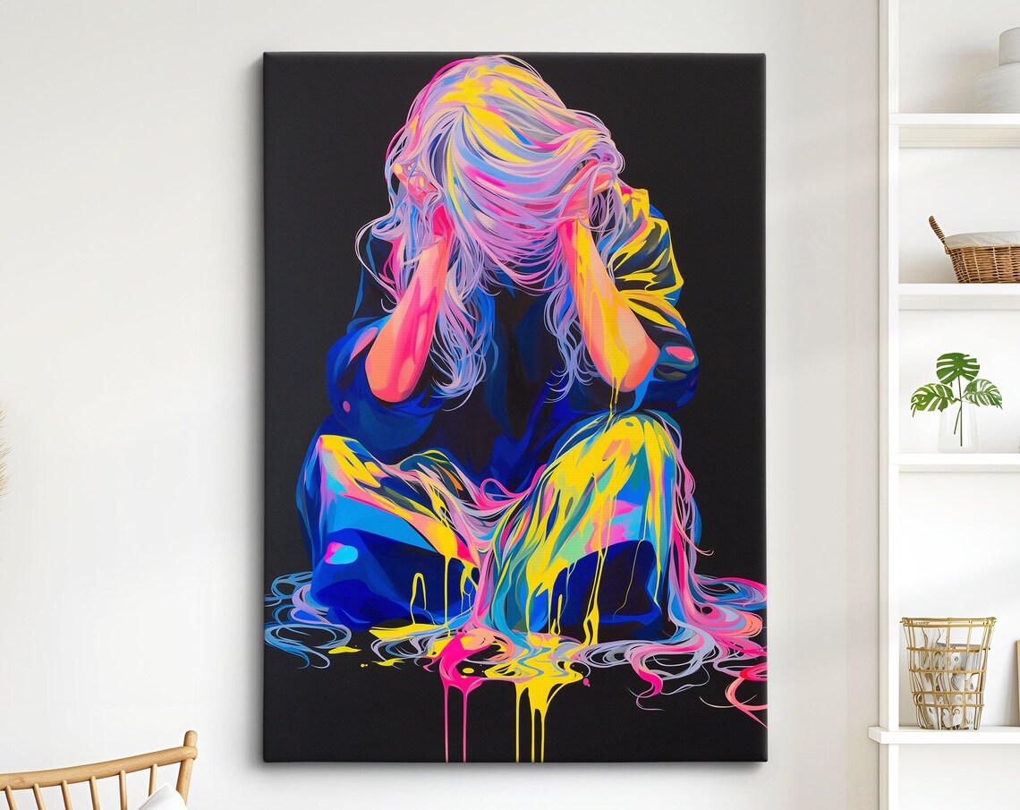 Neon Paint Splash Seated Woman With Long Flowing Hair Dark Art Poster