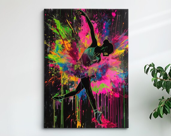 Ballerina Leaping Neon Paint Explosion Colorful Dance Art Wall Poster