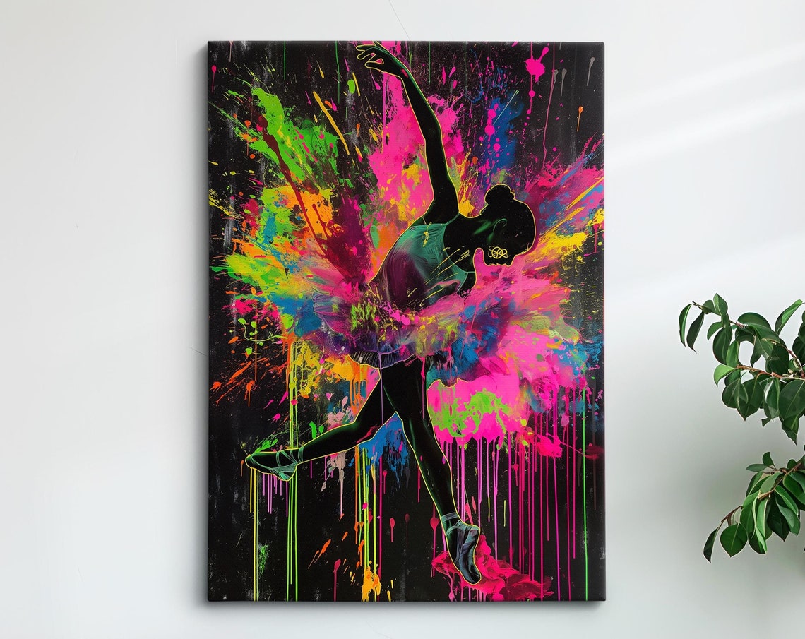 Vibrant Ballerina Art Neon Dance Painting Colorful Ballet Wall Decor Modern Dance Artwork Splatter Paint Style Artistic Decor
