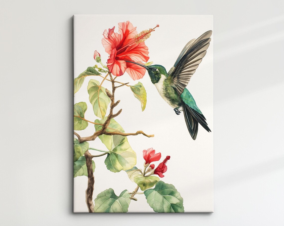 Hummingbird Red Hibiscus Watercolor Botanical Nature Wall Art Poster