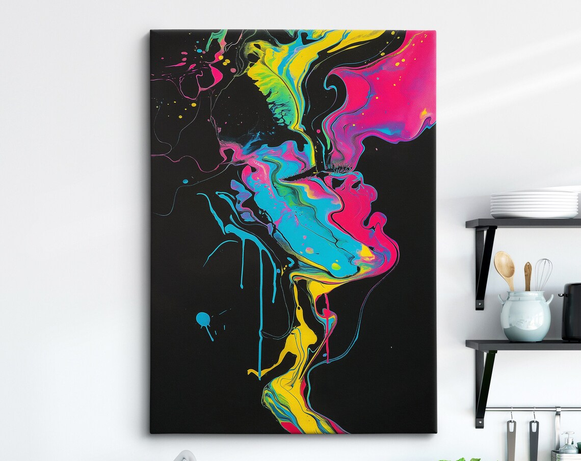 Neon Fluid Paint Splash Woman Profile In Bold Colors Dark Art Poster