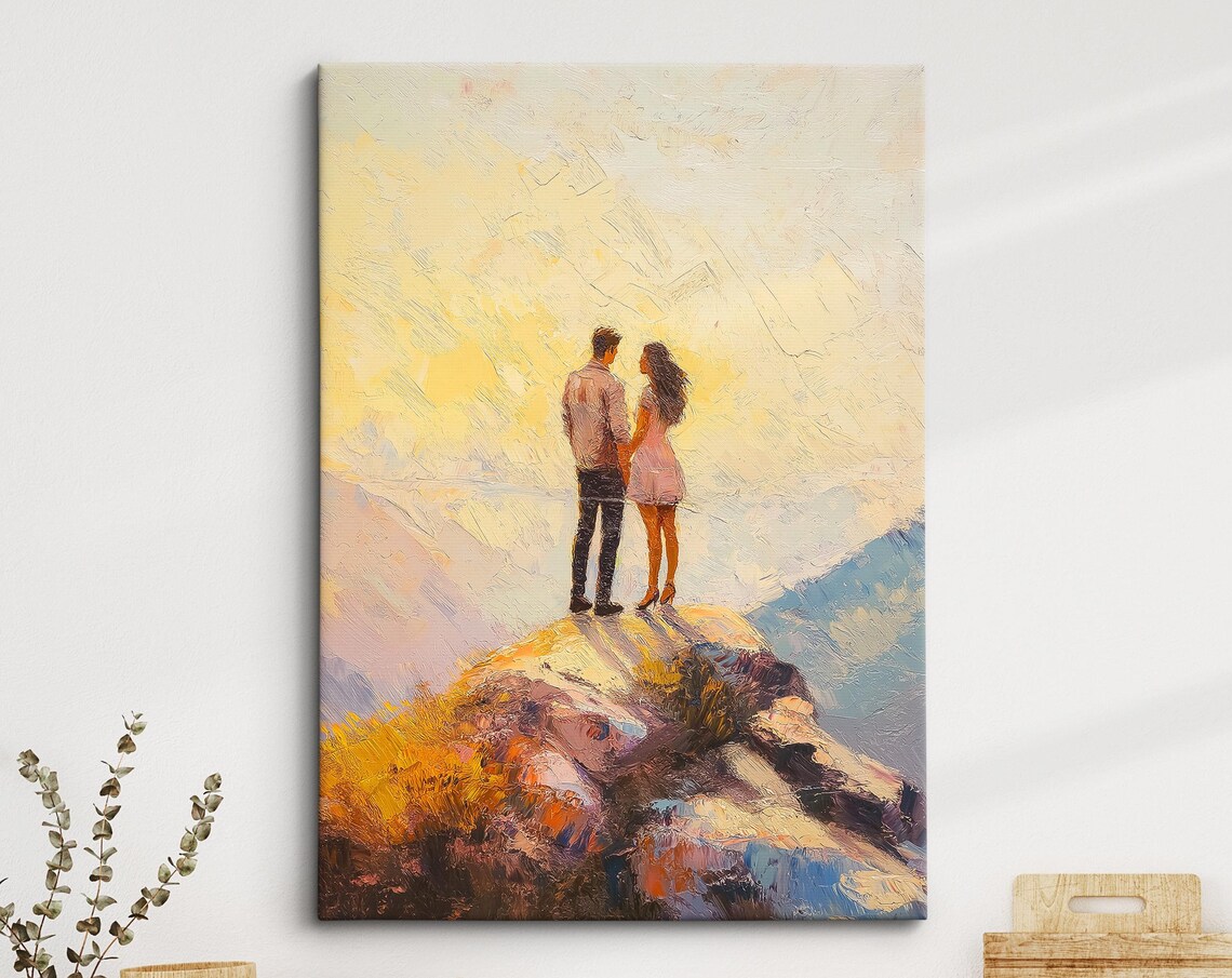 Romantic Couple Holding Hands On Sunrise Mountain Peak Art Poster