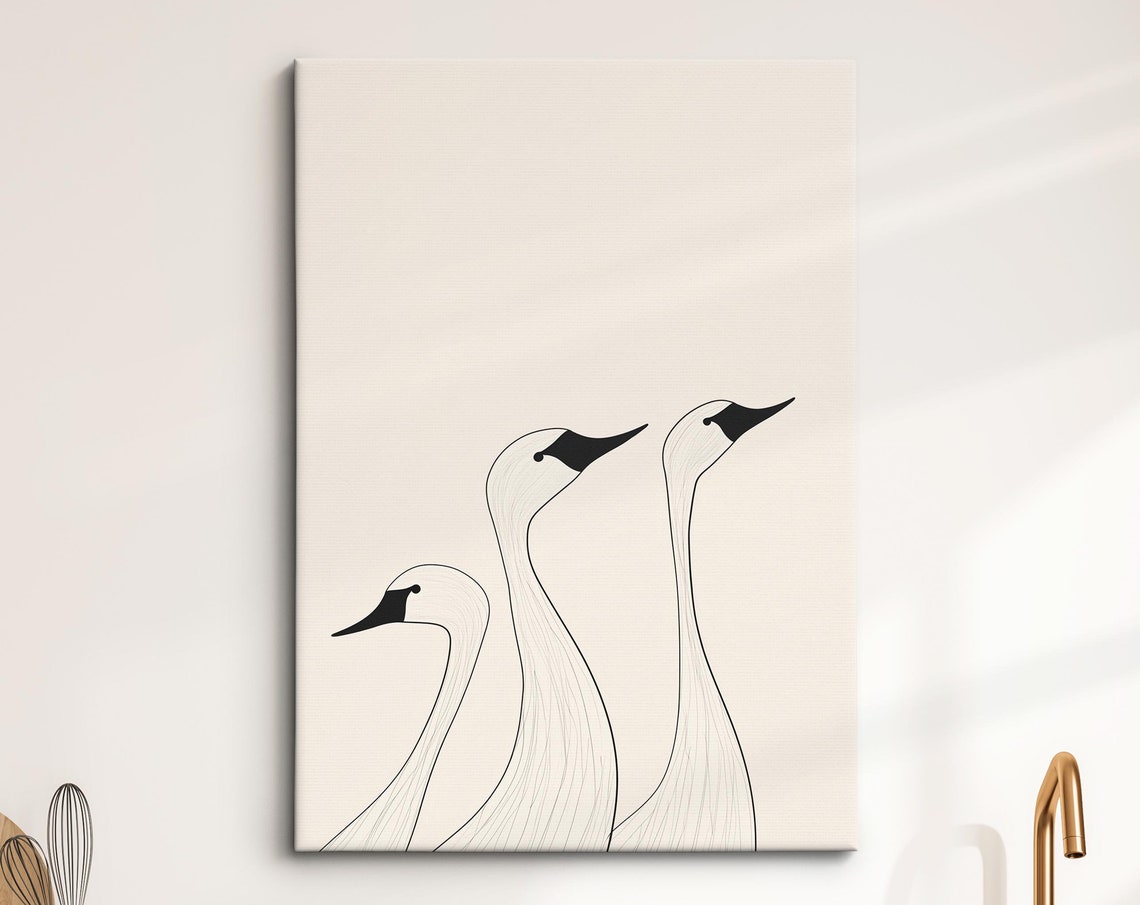 Minimalist Three Swans Line Drawing Black And White Bird Wall Art