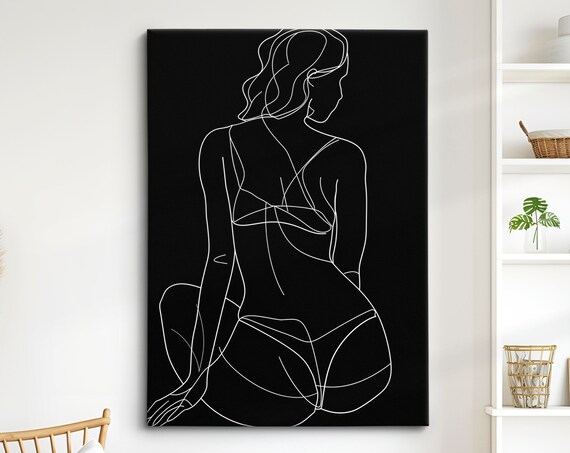 Seated Woman From Behind White Line On Black Dramatic Minimalist Wall Art Print