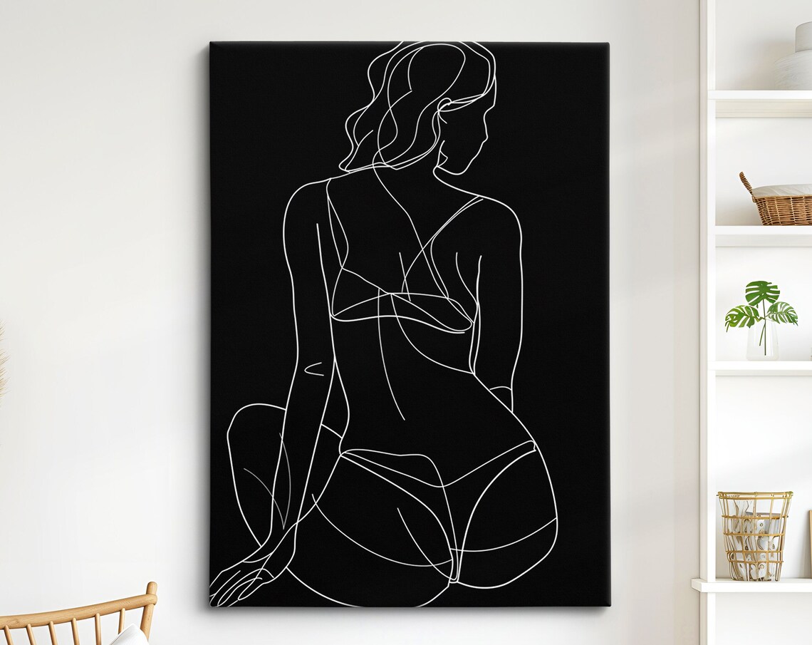 Seated Woman From Behind White Line On Black Dramatic Minimalist Wall Art Print