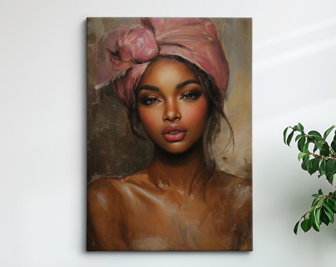 Serene Woman Portrait Art Elegant African Beauty Bohemian Wall Decor Rustic Home Art Print Neutral Tones Woman Oil Painting