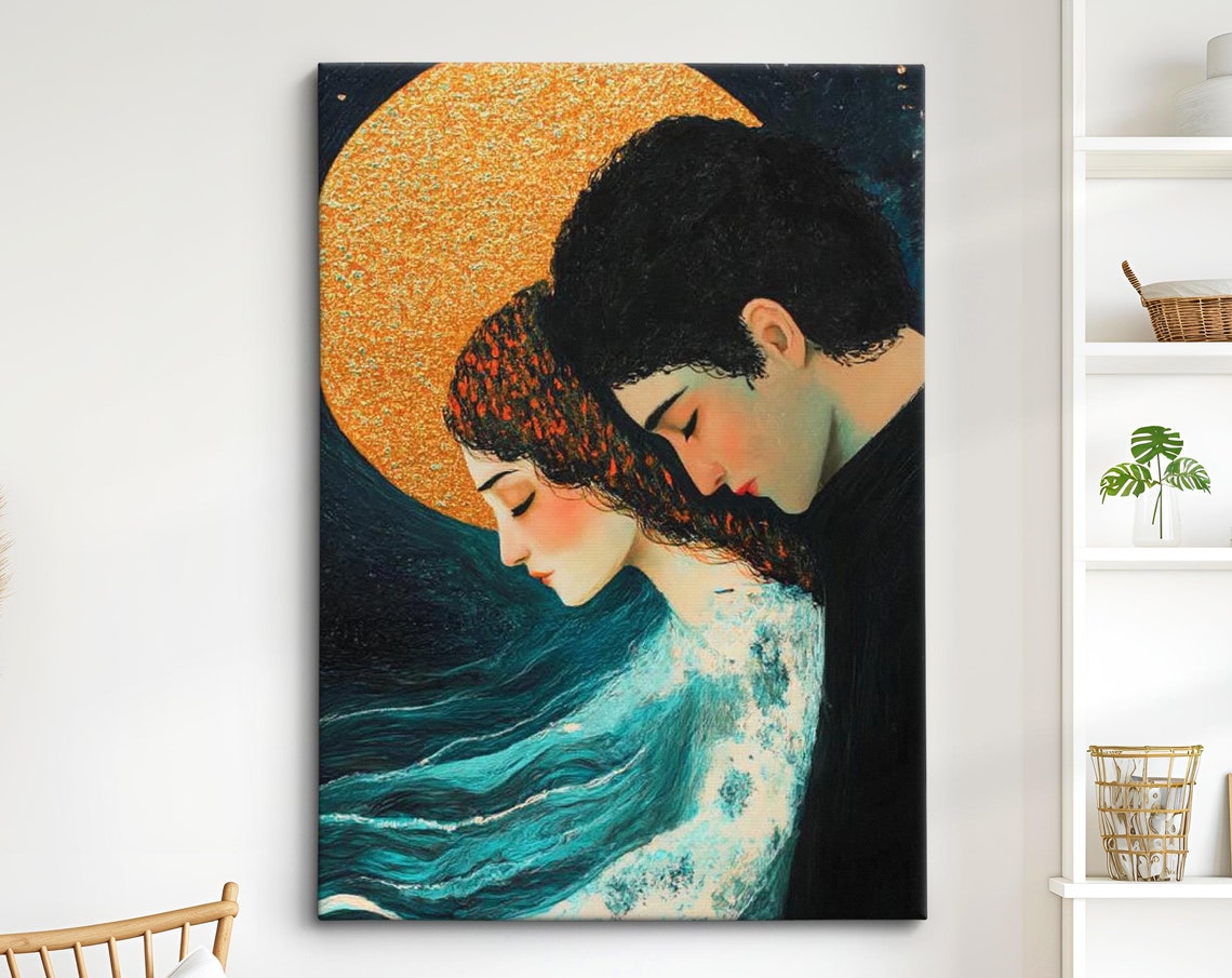 Couple Under Golden Full Moon Romantic Night Embrace Wall Art Print