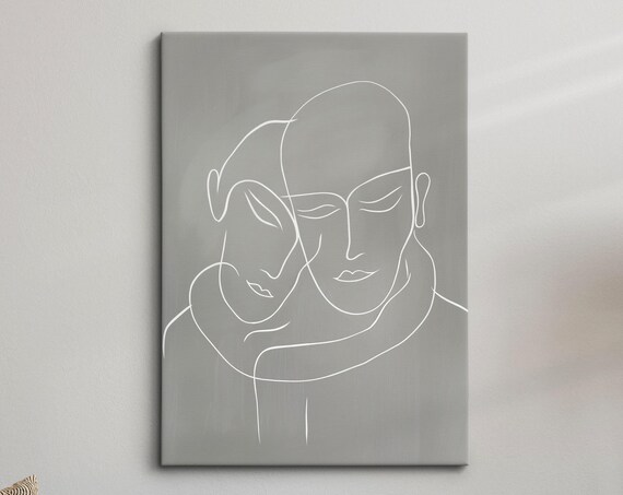 Embracing Couple Minimalist White Line Art Gray Modern Wall Art Poster