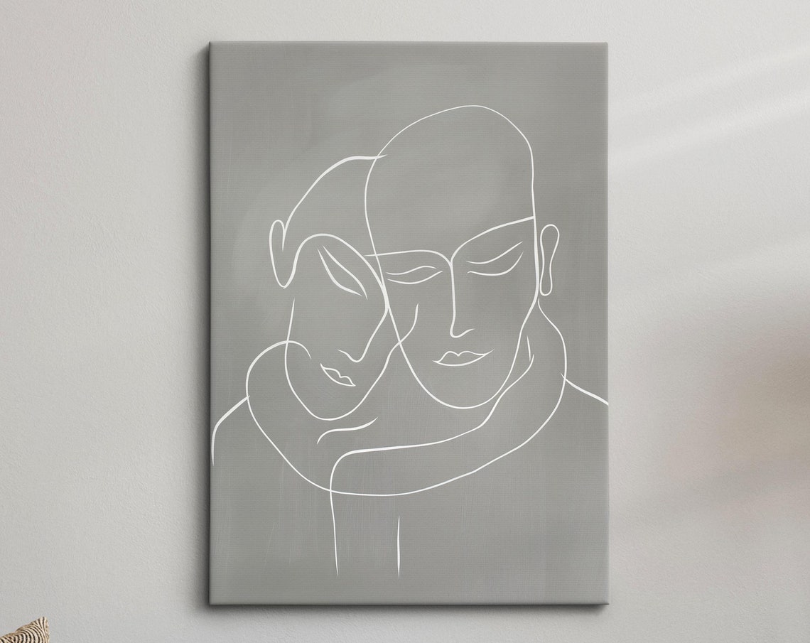 Embracing Couple Minimalist White Line Art Gray Modern Wall Art Poster