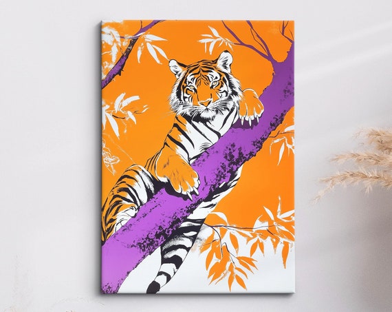 Bold Tiger Art Jungle Safari Wall Decor Vibrant Animal Print Modern Wildlife Home Decoration Orange And Purple Tropical Art