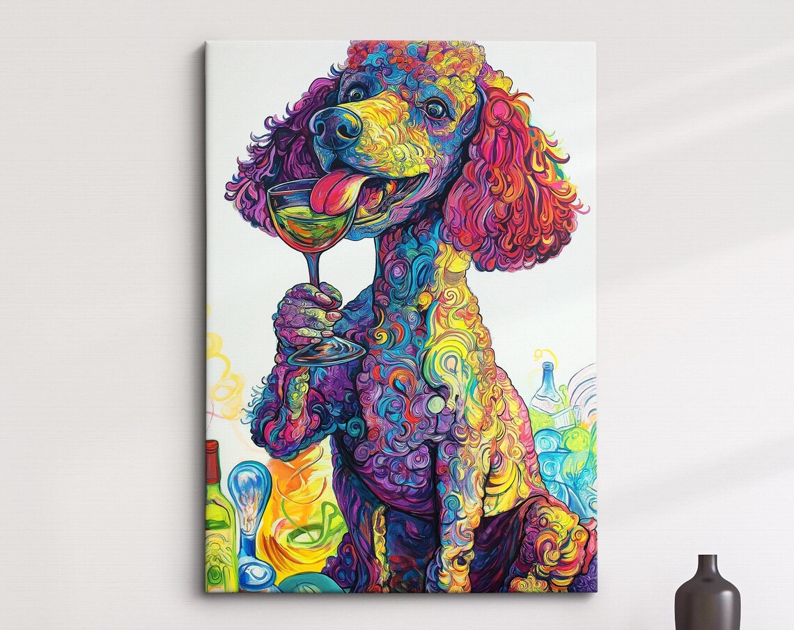 Rainbow Poodle Dog Licking Wine Glass Colorful Whimsical Art Poster