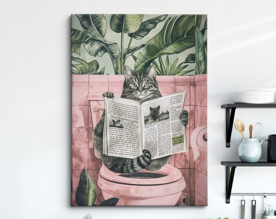 Funny Tabby Cat Reading Newspaper On Toilet Pink Bathroom Art Poster