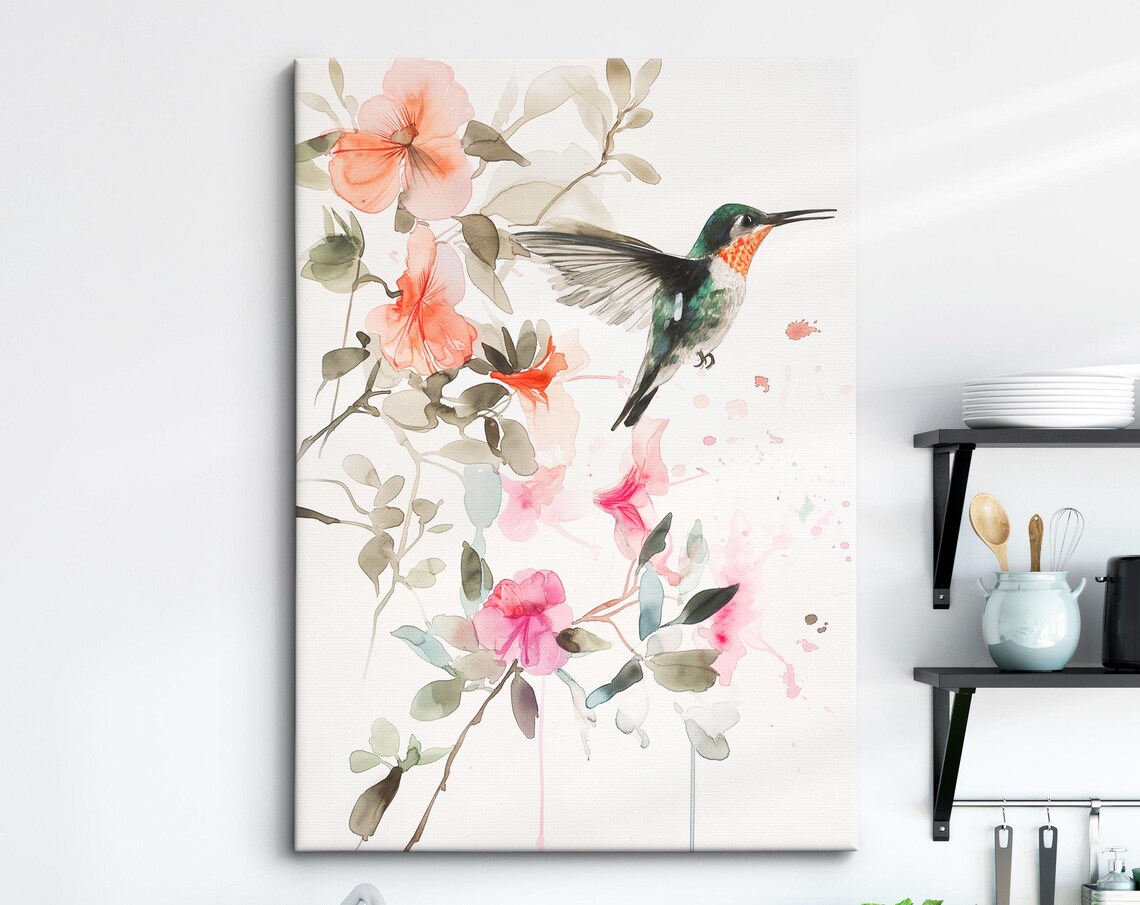 Hummingbird Pink Blossoms Soft Watercolor Floral Bird Wall Art Poster