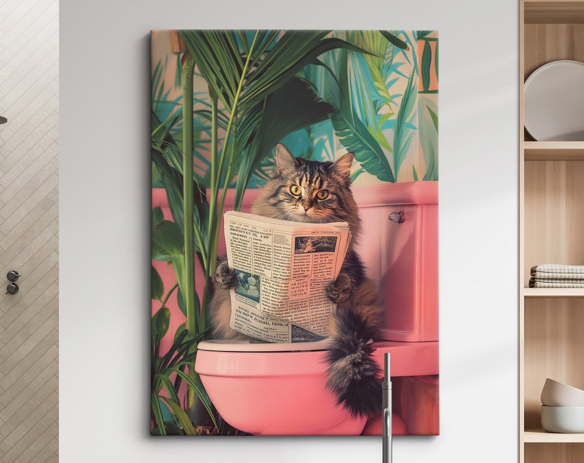 Funny Cat Reading Newspaper Pink Toilet Bathroom Quirky Wall Poster