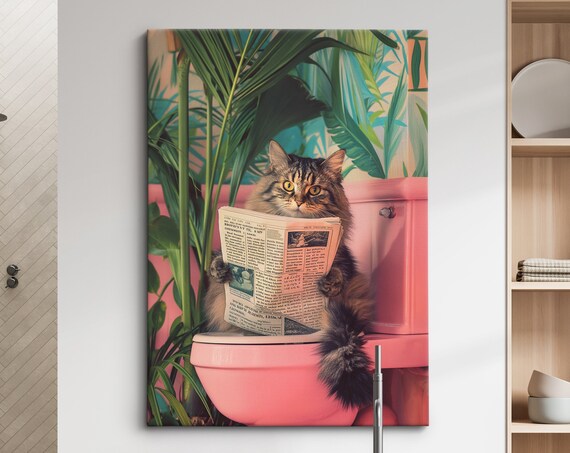 Funny Cat Reading Newspaper Pink Toilet Bathroom Quirky Wall Poster