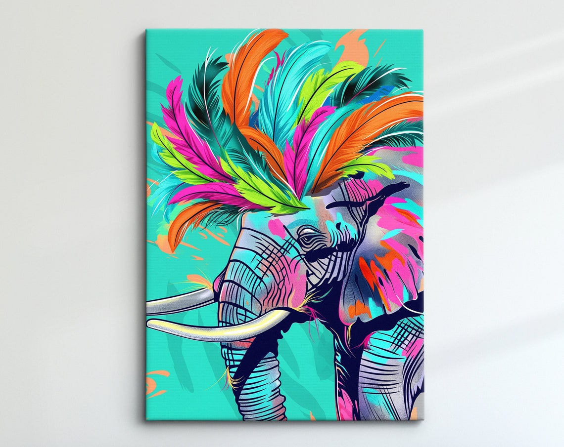 Elephant Side Profile With Neon Feather Headdress Turquoise Poster