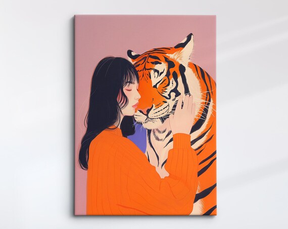 Woman Embracing Tiger Gentle Pink Background Modern Illustration Print