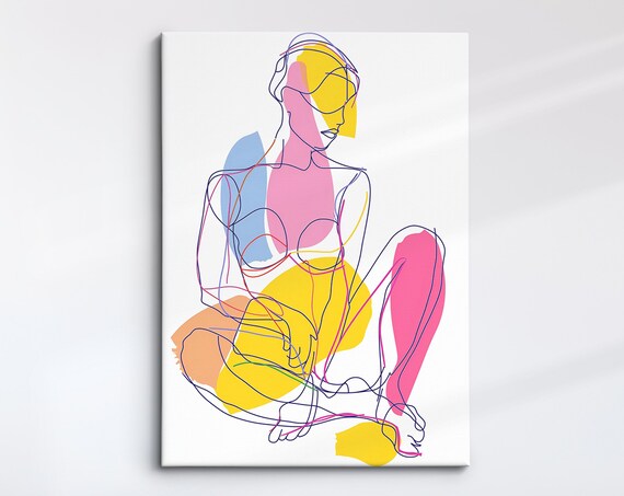Colorful Seated Woman Line Art Abstract Blocks Pink Yellow Modern Wall Art Print