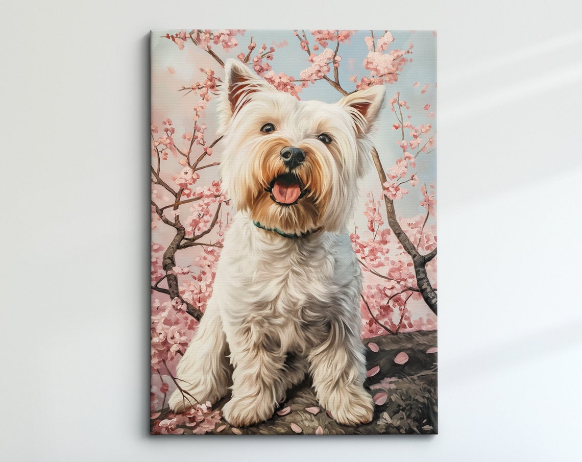 White West Highland Terrier In Pink Cherry Blossoms Spring Art Poster
