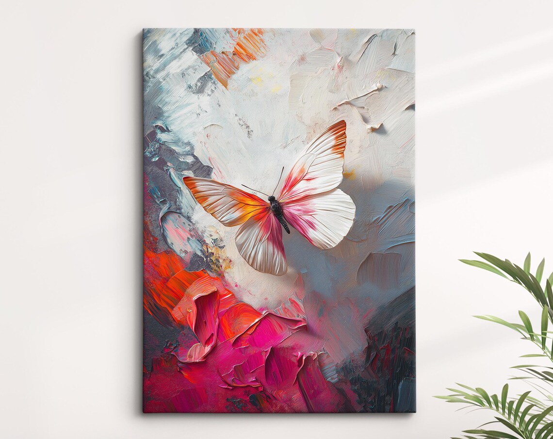 White Orange Butterfly Abstract Pink Impasto Oil Painting Wall Art