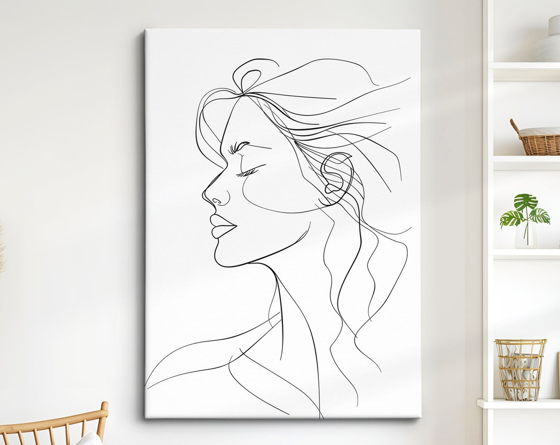 Minimalist Woman Face Line Art Elegant Black Outline Drawing Wall Art