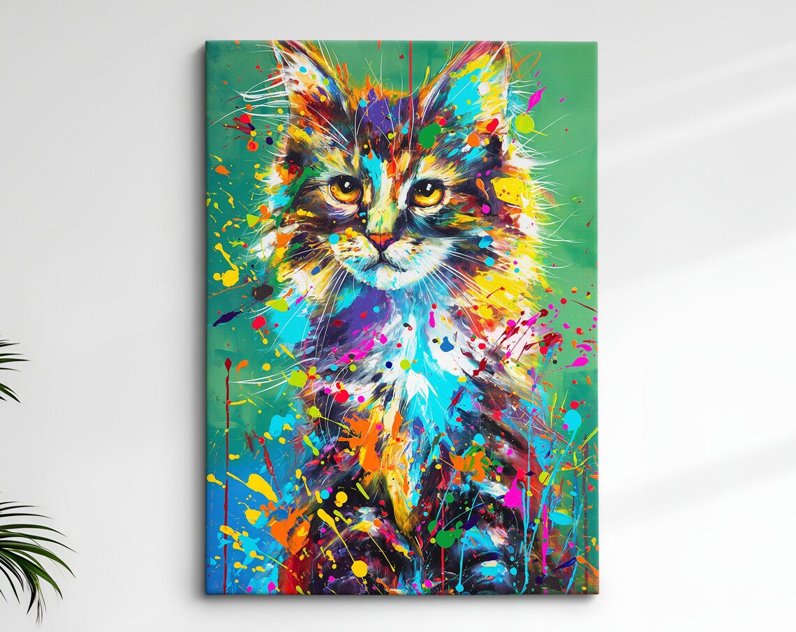 Colorful Paint Splatter Longhair Cat Portrait Teal Art Poster