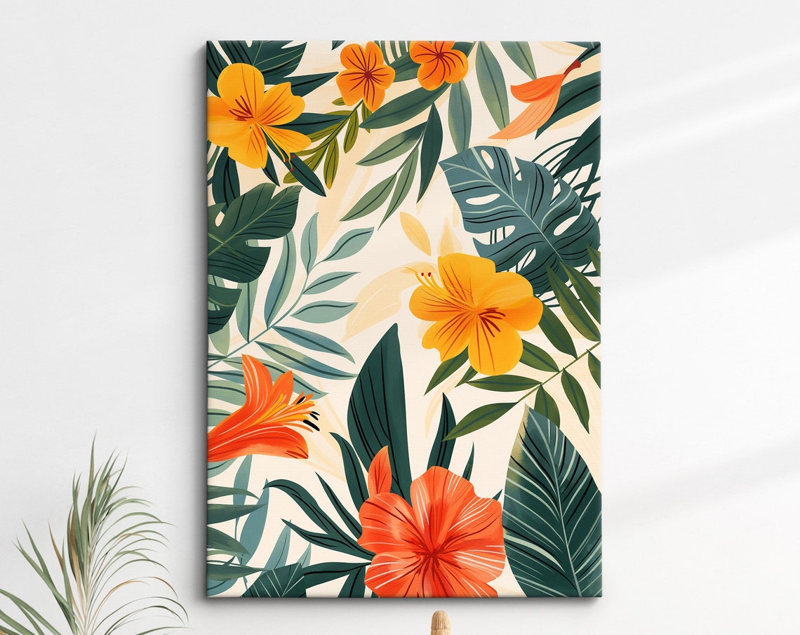 Tropical Leaves And Orange Hibiscus Botanical Pattern Wall Art Poster