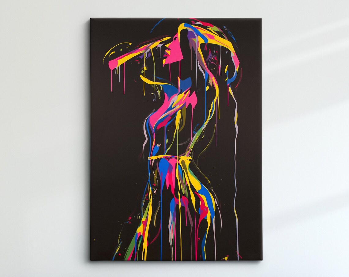 Neon Paint Splash Standing Woman With Flowing Hair Dark Art Poster