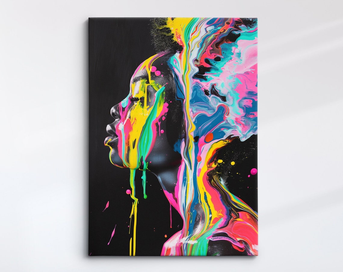 Neon Paint Drips Over Woman Face Profile Black Background Art Poster