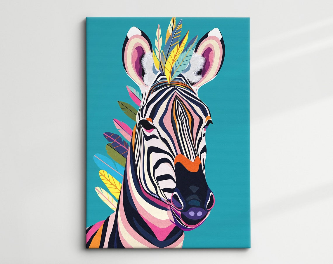 Zebra Head Portrait With Colorful Feathers Teal Background Art Poster